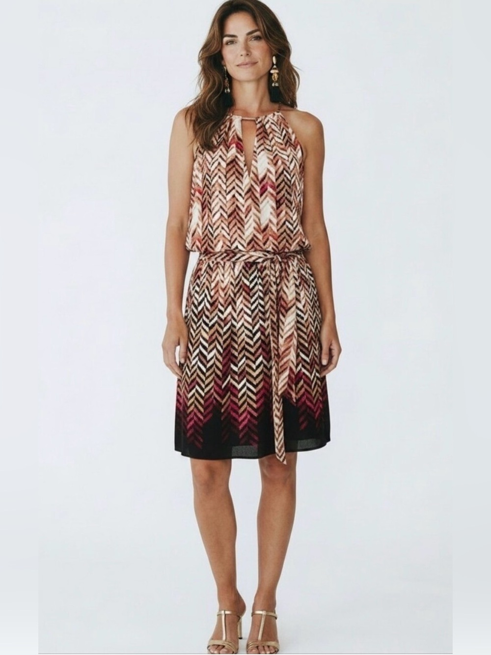 White House Black Market Chevron Dress in Black, Cream, Gold and Pink